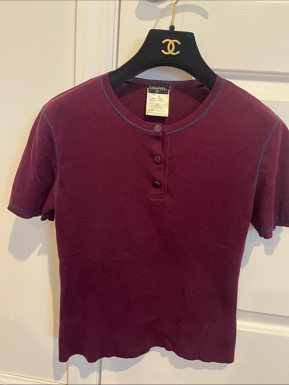 CHANEL Plum Short Sleeve Henley with Blue Contrast Stitching